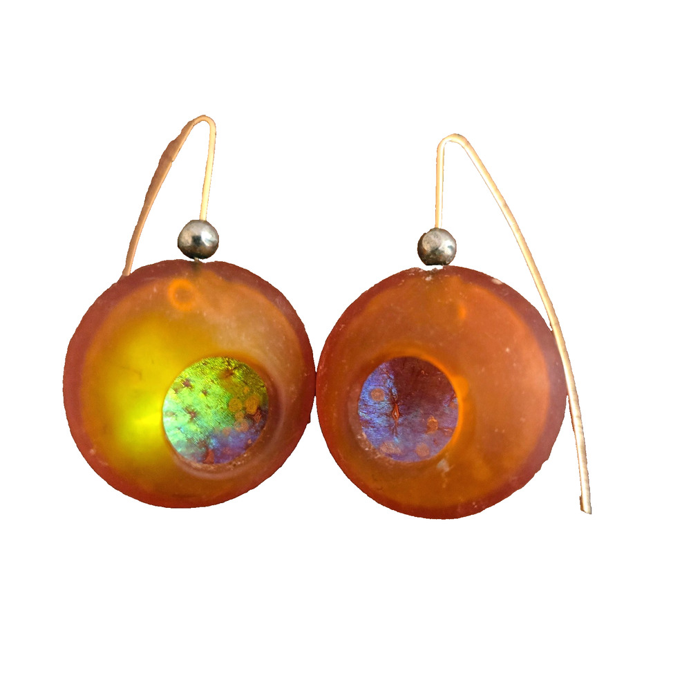Handmade fused glass dangle earrings orange glass iridescent dichroic center